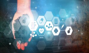 Hand holding some soil with an overlay of icons showing various forms of toxic agents